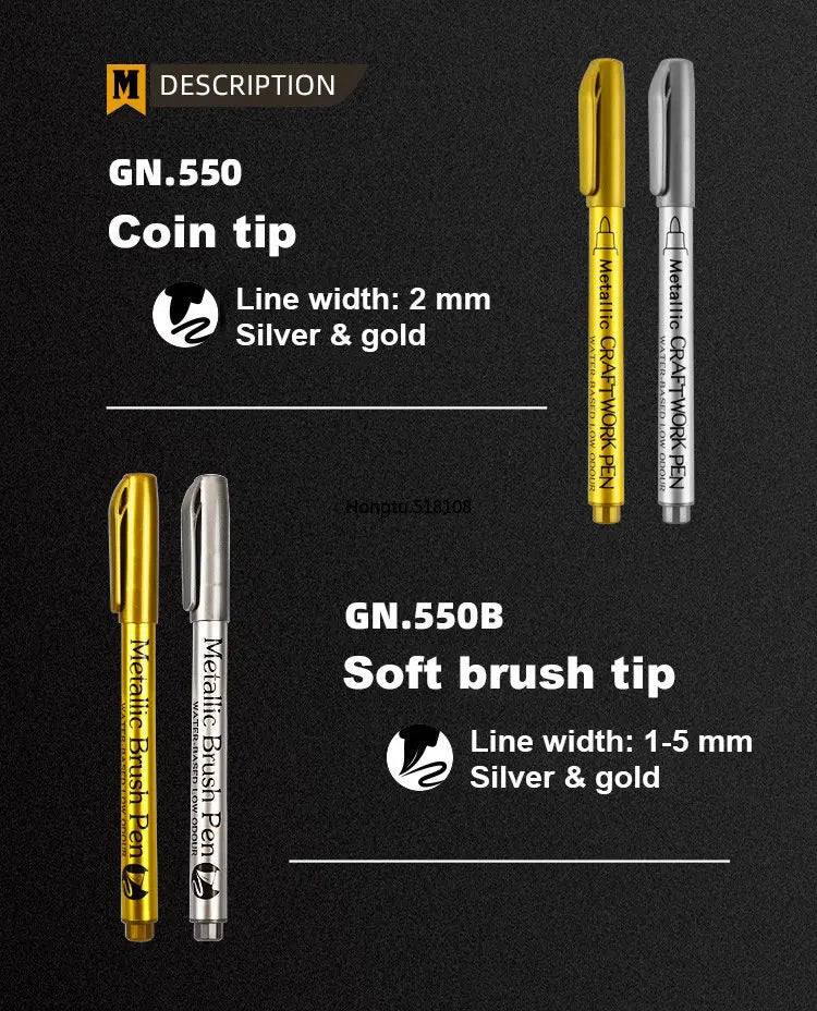 1–2pcs Metallic Brush Marker Pens – Gold & Silver Permanent Ink