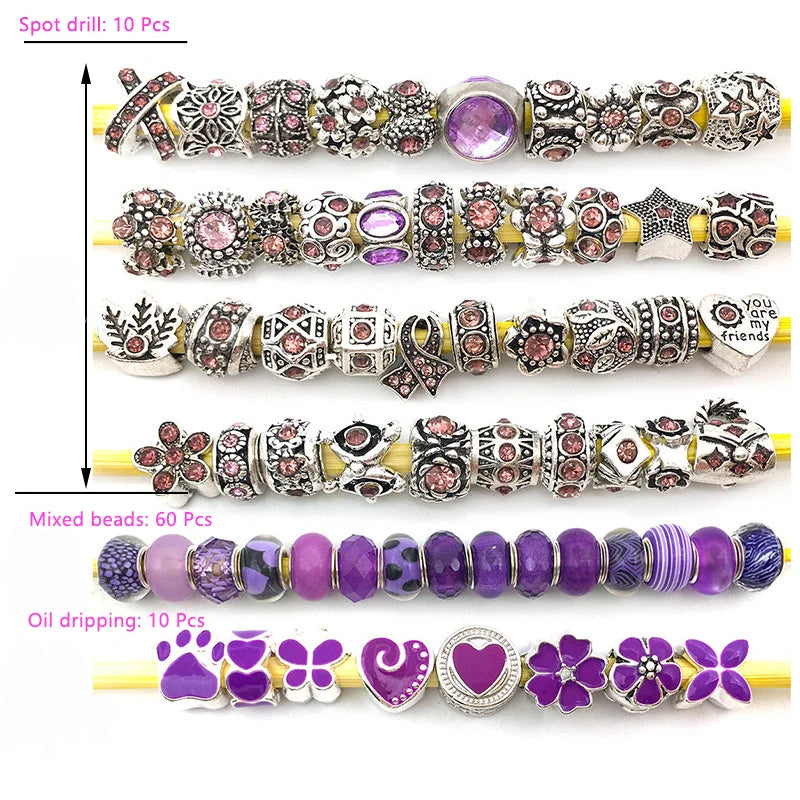 80pcs Assorted Purple Large Hole Beads – Resin, Rhinestone & Metal Spacers