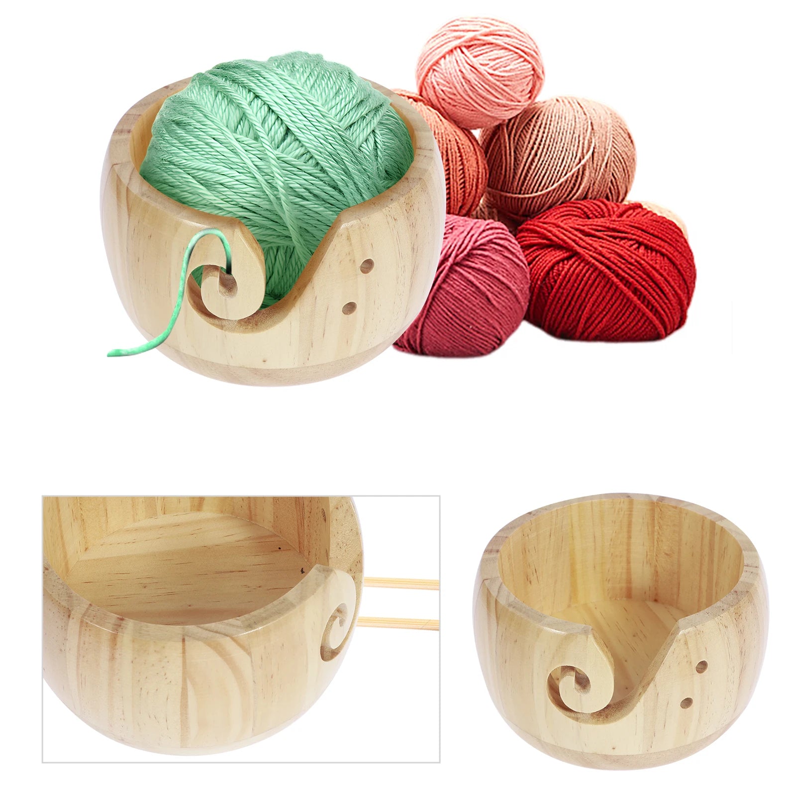 4pcs Wooden Yarn Bowls – Round Crochet Holders with Holes for Knitting