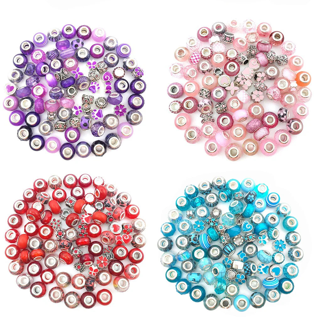 80pcs Assorted Purple Large Hole Beads – Resin, Rhinestone & Metal Spacers