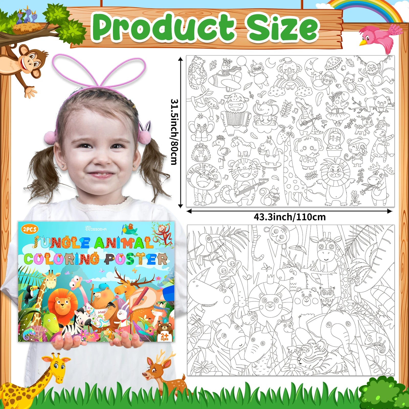 2-Pack Jumbo Jungle Animal Coloring Posters for Kids