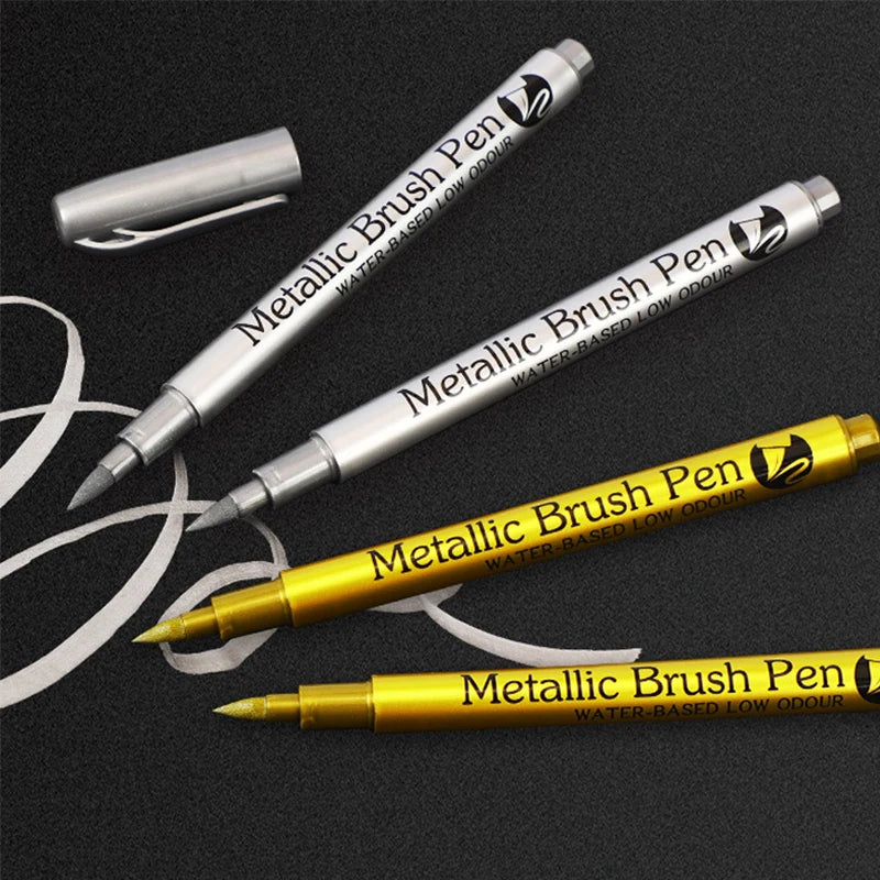 1–2pcs Metallic Brush Marker Pens – Gold & Silver Permanent Ink