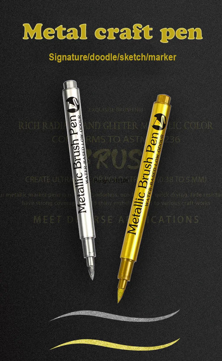 1–2pcs Metallic Brush Marker Pens – Gold & Silver Permanent Ink