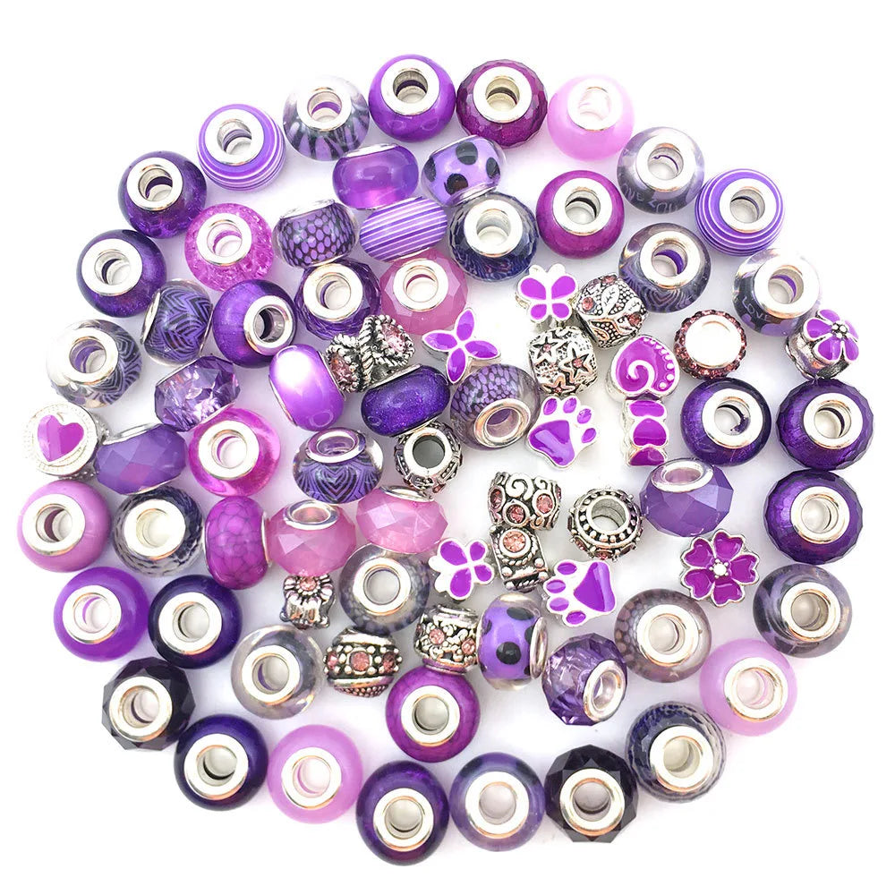 80pcs Assorted Purple Large Hole Beads – Resin, Rhinestone & Metal Spacers