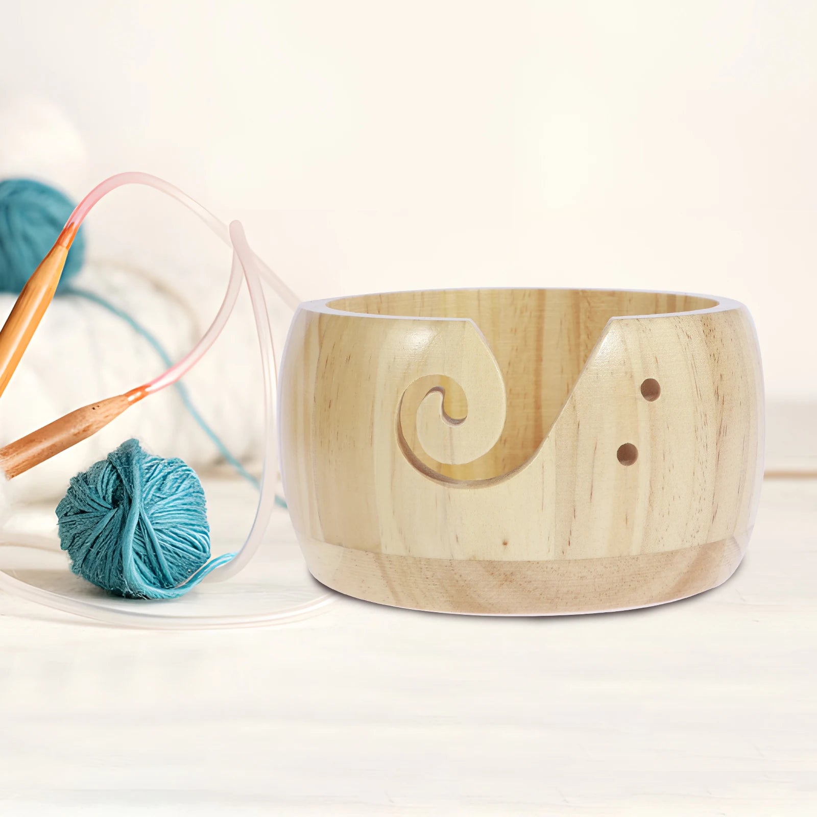4pcs Wooden Yarn Bowls – Round Crochet Holders with Holes for Knitting